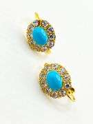 925 Gold Tone Sterling Silver Turquoise Color Stone With Halo Rhinestones Earriungs