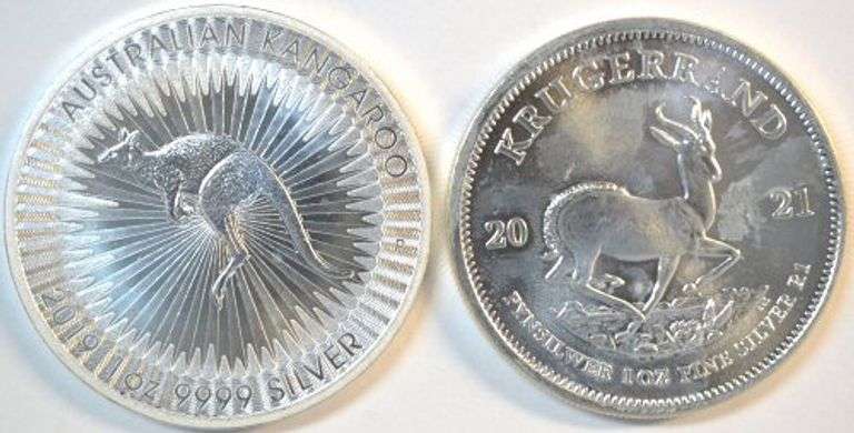 2019 Superb Gem BU pure 1 oz Silver $1 Australia Kangaroo & 2021 S. Africa Krugerrand Silver