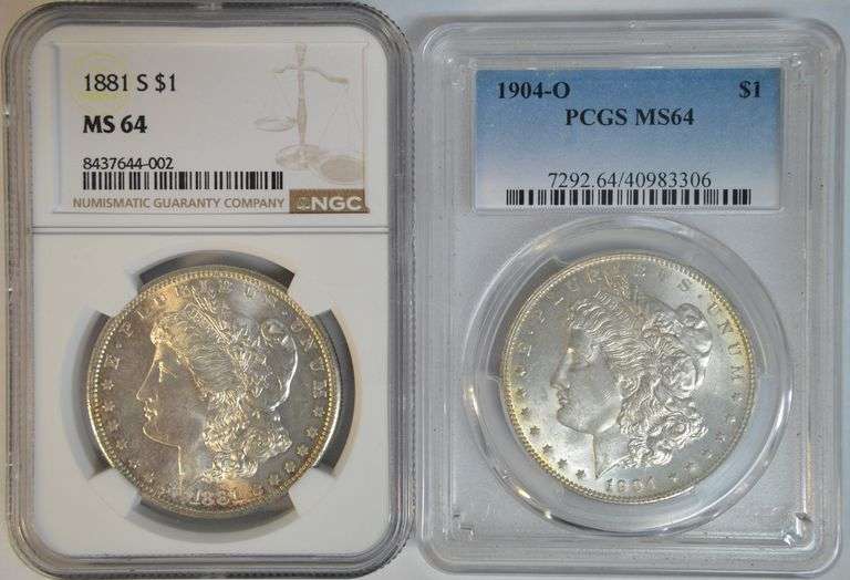 Near Gem BU 1881-S (NGC) & 1904-O (PCGS) Morgan Silver Dollars. MS64