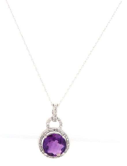 14kt White gold amethyst and 0.50ctw diamond halo pendant on chain