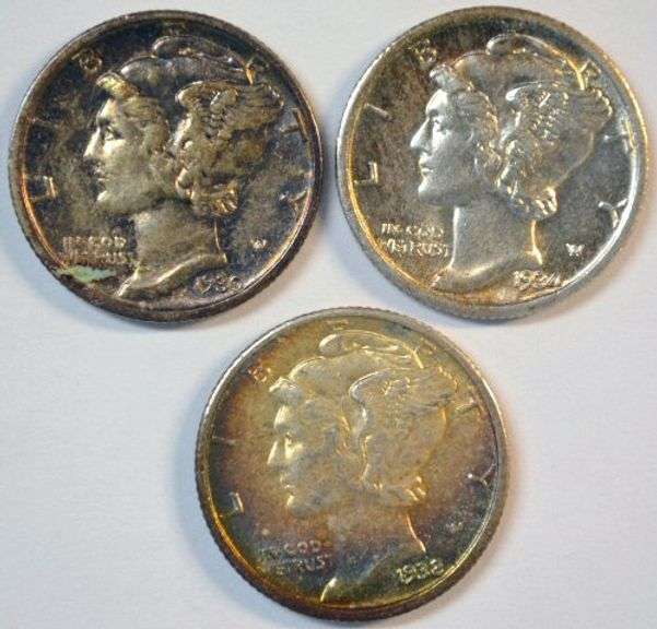 Original rainbow-toned 1930-S, 1934-P, & 1938-S Mercury Dimes in nice AU