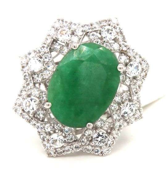 Adorable 9.50CTW Oval Faceted Emerald & 2.30CTW White Sapphire Ring in Sterling Silver