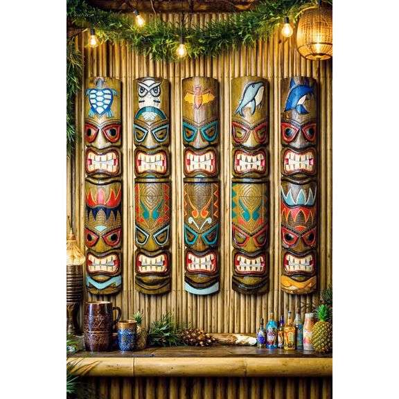 Lot of 5 Hand Carved Polynesian Tiki Masks