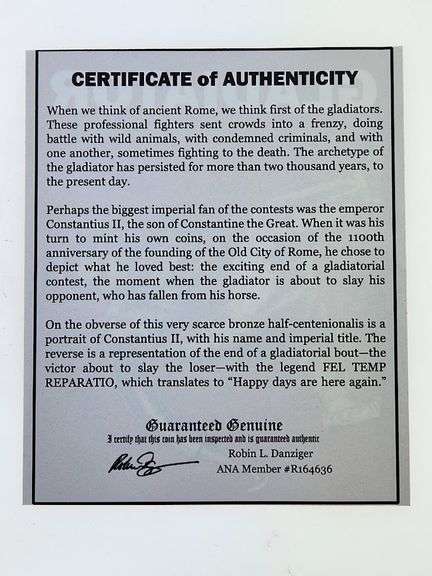 Roman Gladiator Coin With COA