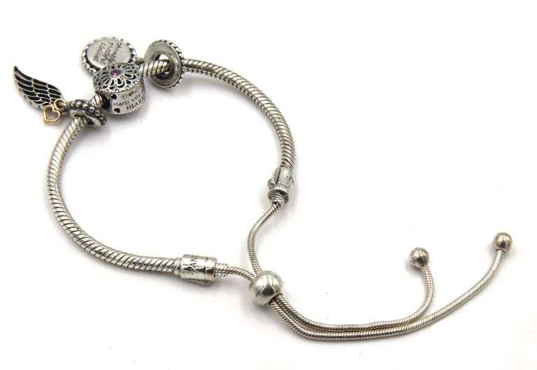 Pandora snake chain slider bracelet with 3 charms