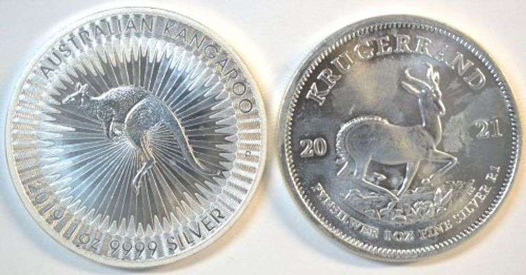 2019 Superb Gem BU pure 1 oz Silver $1 Australia Kangaroo & 2021 S. Africa Krugerrand Silver