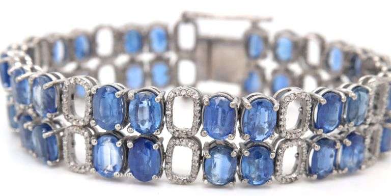 Sparkling 34.12CTW Oval Faceted Kyanite & 5.00CTW Diamond Bracelet in 14K White Gold Over Sterling S