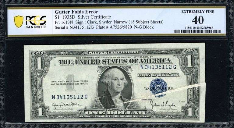 1935D $1 Silver Certificate Fr. 1613N Narrow (NG Block) Gutter Folds Error PCGS EF 40