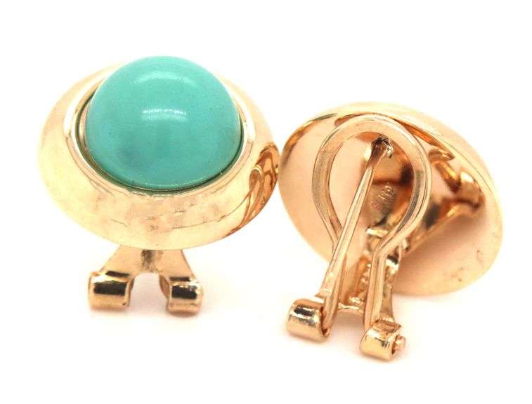 14kt Yellow gold round turquoise omega back earrings