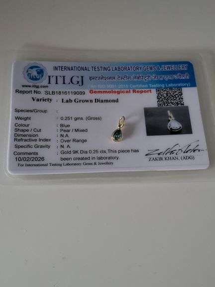 Certified Yellow Gold Blue Lab Diamond Pendant