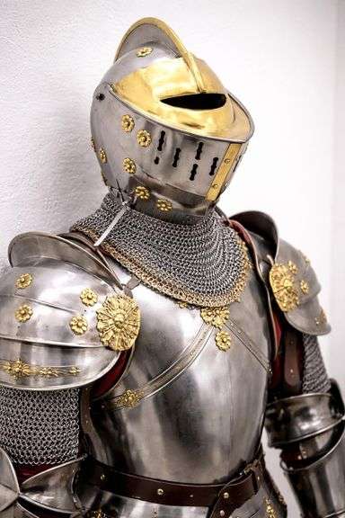 Medieval Knight Closed Helmet Steel and Brass Armor