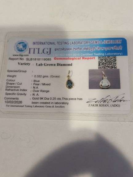 Certified Yellow Gold Blue Lab Diamond Pendant