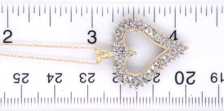 10kt Yellow gold double row open diamond heart pendant on chain