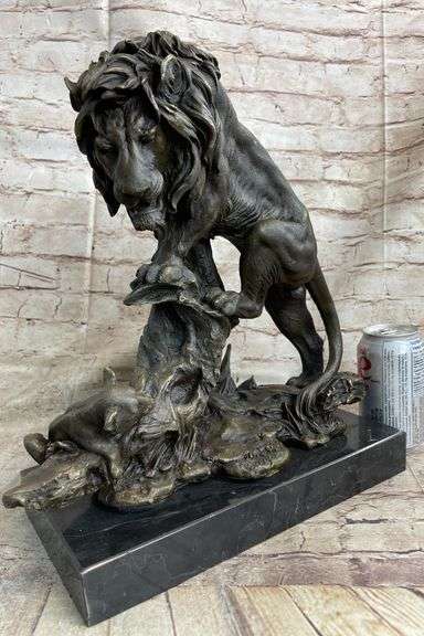 Bronze African Mountain Lion with Cub Statue Sculpture