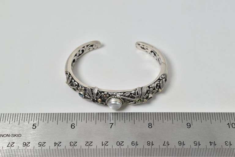 Sterling Silver Multi-Gemstone Hinged Cuff Bracelet with 10K Yellow Gold Accents