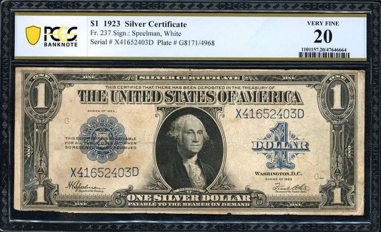 1923 $1 Silver Certificate Fr. 237 Speelman White PCGS Very Fine 20