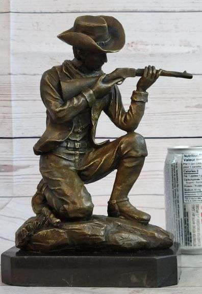 Cowboy With Gun Bullet Rifle Shooting Range Bronze Sculpture