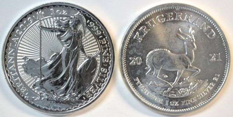 Superb Gem BU 2019 2 Pound British Britannia 1 oz silver & 2021 1 oz silver Krugerrand