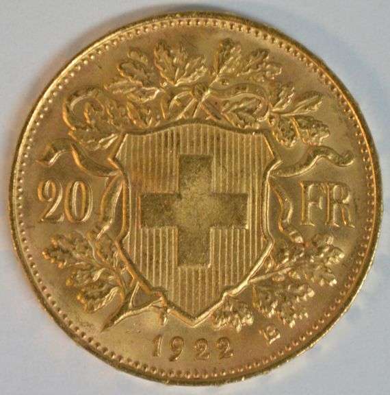 Superb Gem BU 1922 Swiss 20 Francs Gold Piece