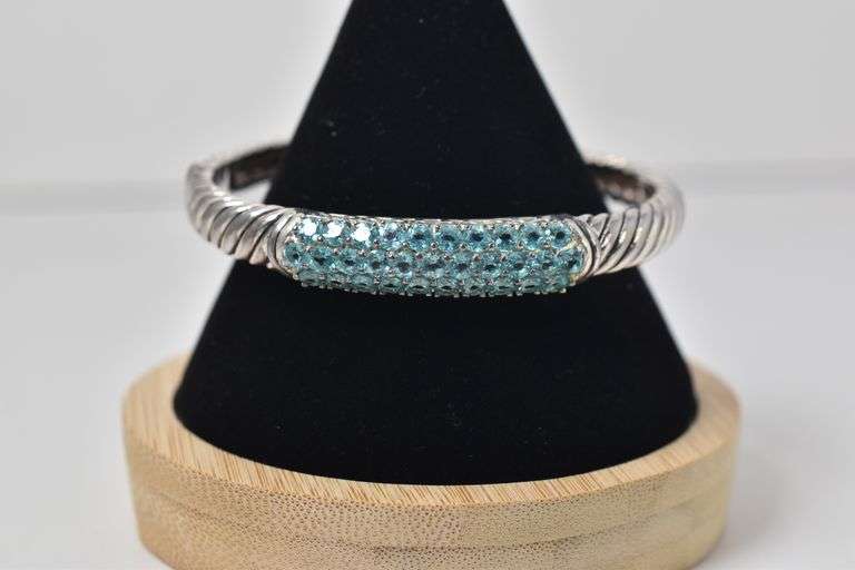 Sterling Silver Blue Topaz Gemstone Hinged Cuff Bracelet