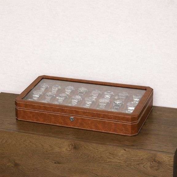 24 Slot Leather Watch Display Case with Glass Lid