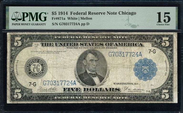 1914 $5 Chicago Federal Reserve Note Fr. 871a White/Mellon PMG Choice Fine 15