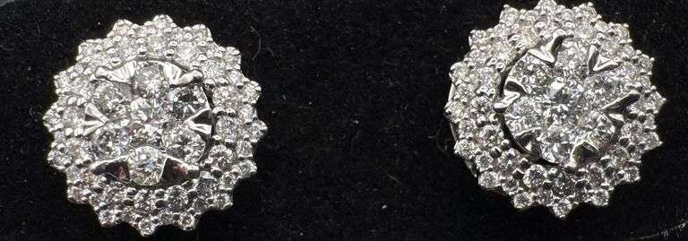 14K White Gold Round Brilliant Cut Diamond Cluster Earrings of 1.20 CT