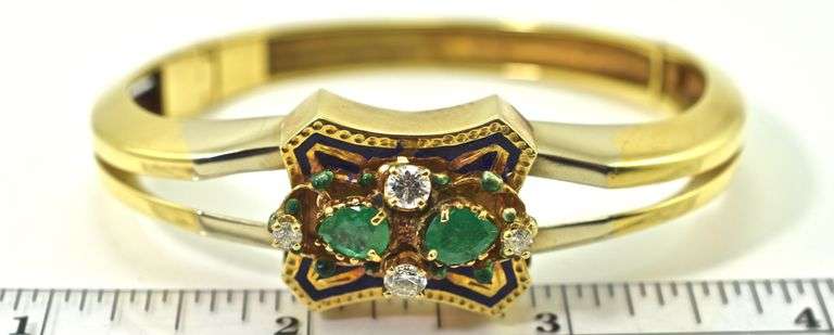Incredible 18K Enamelled Bangle with Emeralds & Diamonds