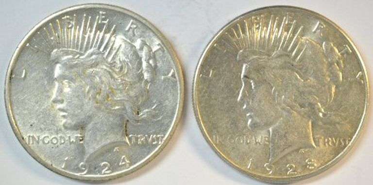 Frosty-white AU pair of better date Peace Silver Dollars from 1924-S & 1928-S