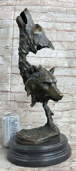 Two Wolves Head Bust Bronze Sculpture