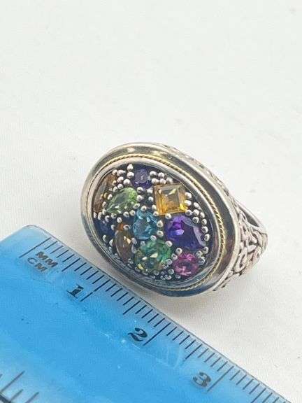 925 Sterling Silver EFFY Balisssima Multi Gemstone And Ornate 18KT Yello Gold Accent Ring