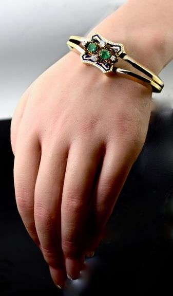 Incredible 18K Enamelled Bangle with Emeralds & Diamonds
