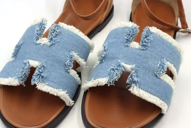Hermes Santorini sandals in blue denim