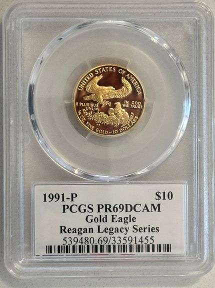 1991-P $10 American Gold Eagle PCGS PR69DCAM Reagan Legacy Series Michael Reagan Signed Label 1/4 oz