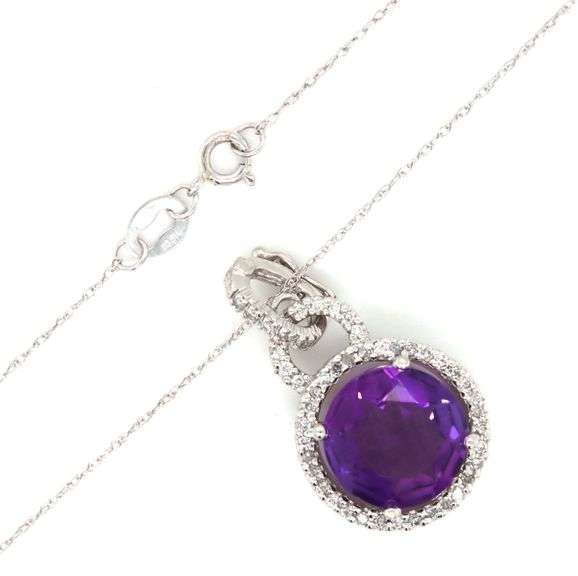 14kt White gold amethyst and 0.50ctw diamond halo pendant on chain
