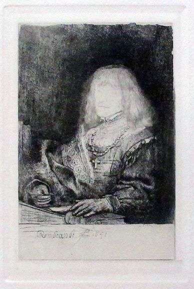 Rare Collectible Etching by Rembrandt, Man At A Desk Wearing A Cross