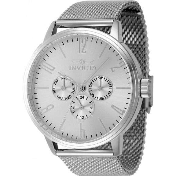Invicta Specialty Men's GMT Quartz Watch – Silver Dial Stainless Steel Mesh Bracelet