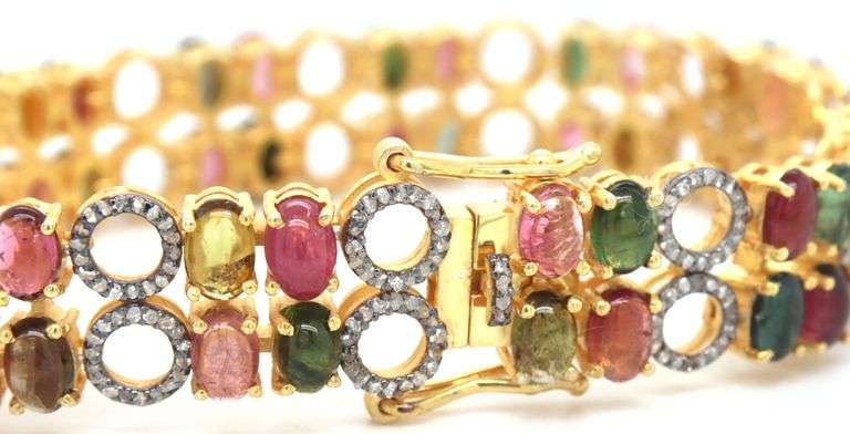 Heart Throbbing 18.00CTW Oval Shaped Faceted Multi-colored tourmaline & 3.00CTW  Diamond Bracelet in
