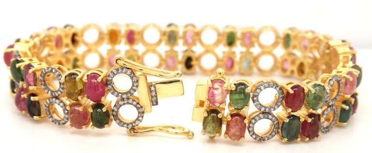 Heart Throbbing 18.00CTW Oval Shaped Faceted Multi-colored tourmaline & 3.00CTW  Diamond Bracelet in