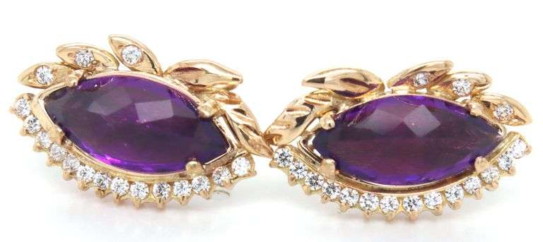 14kt Yellow gold marquise amethyst and CZ earrings