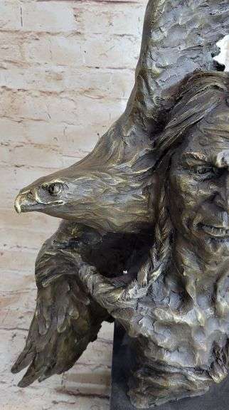 Indian Native Chief Eagle Bust Sculpture on Marble Base Statue