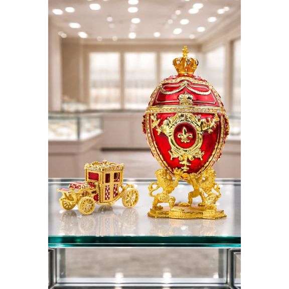 Faberge-Style Egg Trinket Box 6.6 Inch Red with Carriage