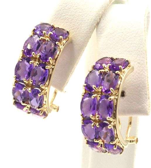 14kt Yellow gold amethyst double row oval earrings
