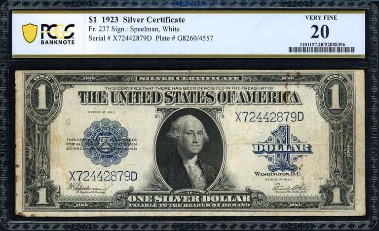 1923 Fr. 237 $1 Silver Certificate “Horseblanket” Speelman / White – PCGS Banknote Very Fine 20