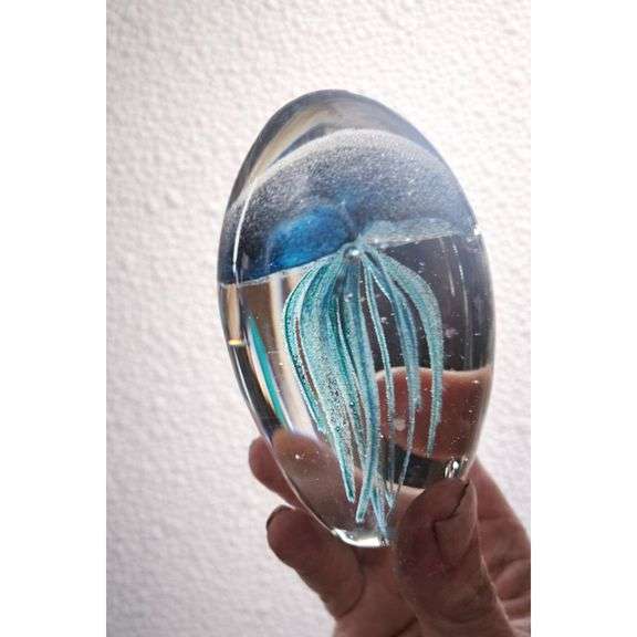 Hand Blown Glass Jellyfish Paperweight Glow in the Dark