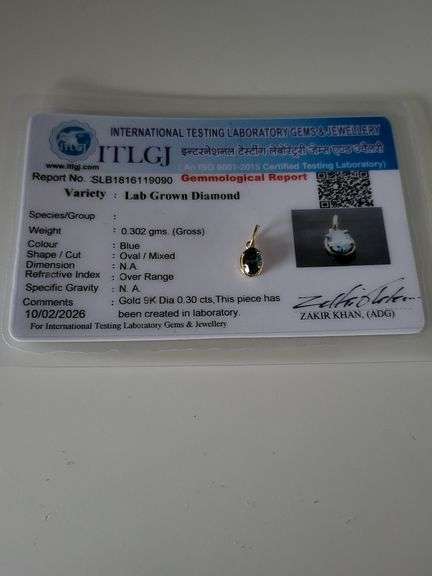 Certified Yellow Gold Blue Lab Diamond Pendant