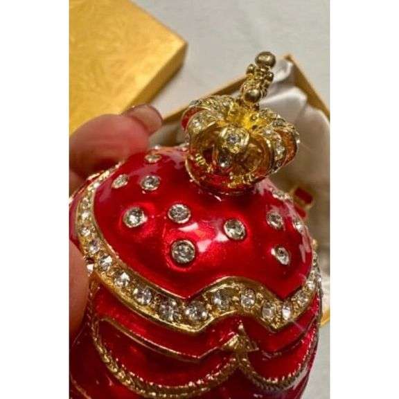 Faberge-Style Egg Trinket Box 6.6 Inch Red with Carriage