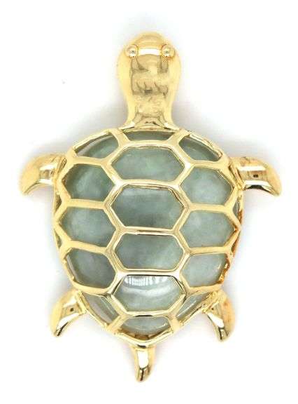 Whimsical 14K YG and Jade Turtle Pendant
