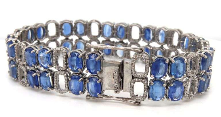 Sparkling 34.12CTW Oval Faceted Kyanite & 5.00CTW Diamond Bracelet in 14K White Gold Over Sterling S