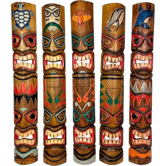 Lot of 5 Hand Carved Polynesian Tiki Masks